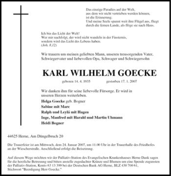 Traueranzeige von Karl Wilhelm Goecke von Tageszeitung