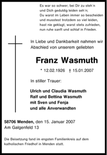 Traueranzeige von Franz Wasmuth von Tageszeitung