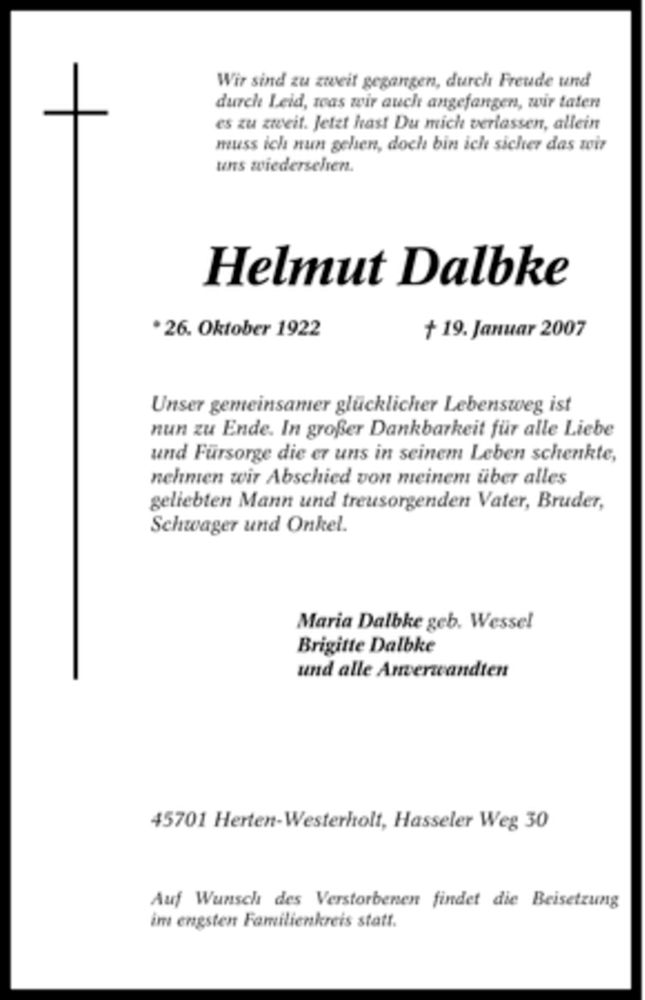  Traueranzeige für Helmut Dalbke vom 20.01.2007 aus Tageszeitung