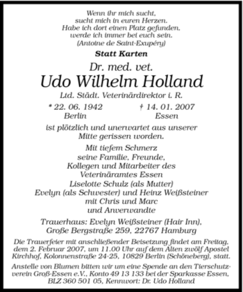Traueranzeige von Udo Wilhelm Holland von Tageszeitung
