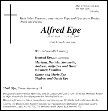 Traueranzeige von Alfred Epe von Tageszeitung
