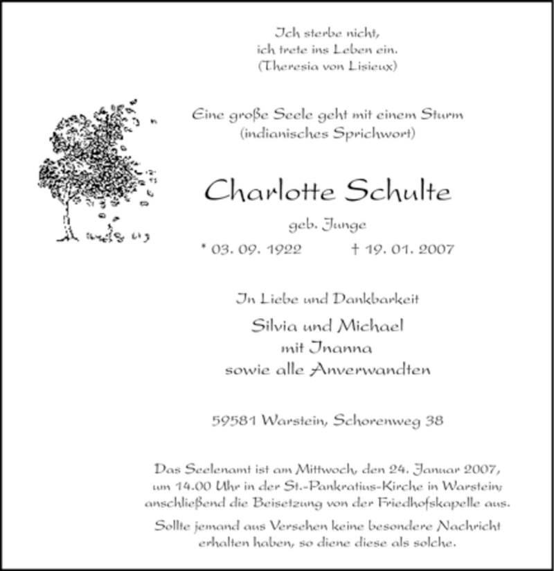  Traueranzeige für Charlotte Schulte vom 20.01.2007 aus Tageszeitung