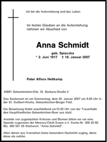 Traueranzeige von Anna Schmidt von Tageszeitung
