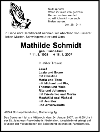 Traueranzeige von Mathilde Schmidt von Tageszeitung