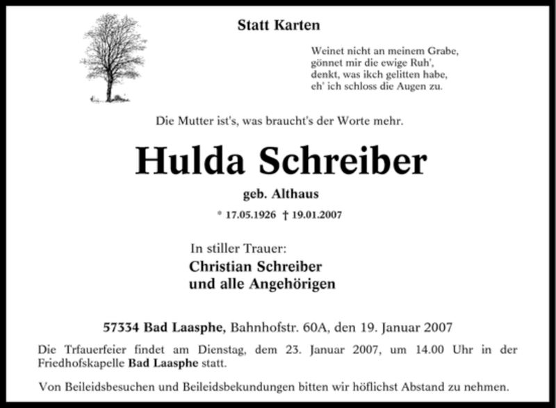 Traueranzeige für Hulda Schreiber vom 20.01.2007 aus Tageszeitung