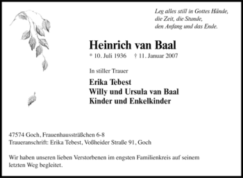 Traueranzeige von Heinrich van Baal von Tageszeitung