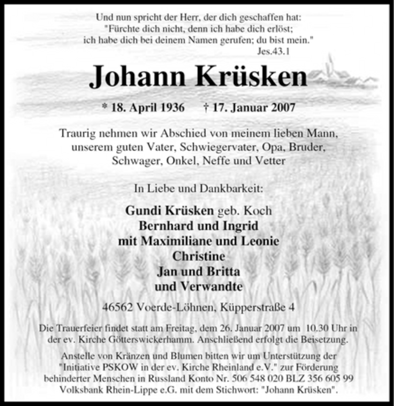  Traueranzeige für Johann Krüsken vom 22.01.2007 aus Tageszeitung