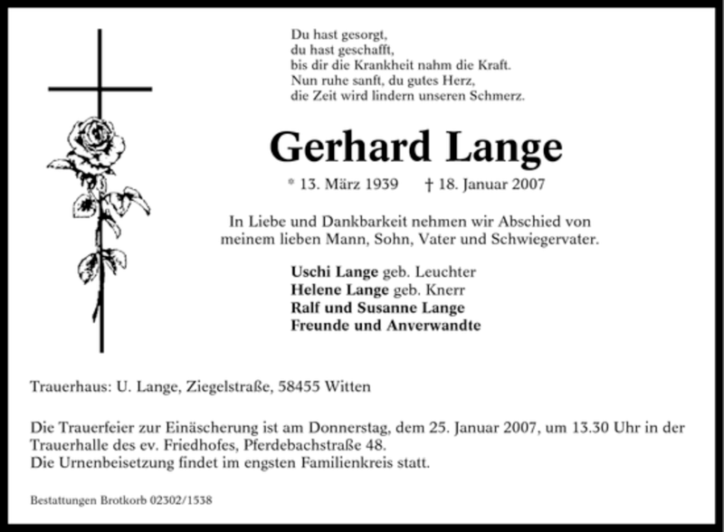  Traueranzeige für Gerhard Lange vom 22.01.2007 aus Tageszeitung