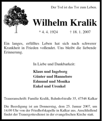 Traueranzeige von Wilhelm Kralik von Tageszeitung