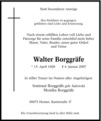 Traueranzeige von Walter Borggräfe von Tageszeitung