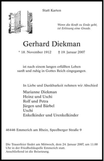Traueranzeige von Gerhard Diekman von Tageszeitung