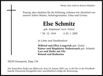 Traueranzeige von Else Schmitz von Tageszeitung