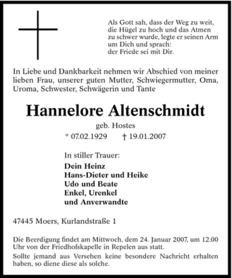  Traueranzeige für Hannelore Altenschmidt vom 22.01.2007 aus Tageszeitung