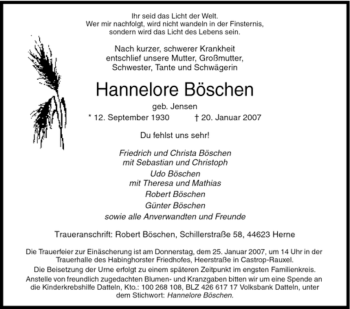 Traueranzeige von Hannelore Böschen von Tageszeitung