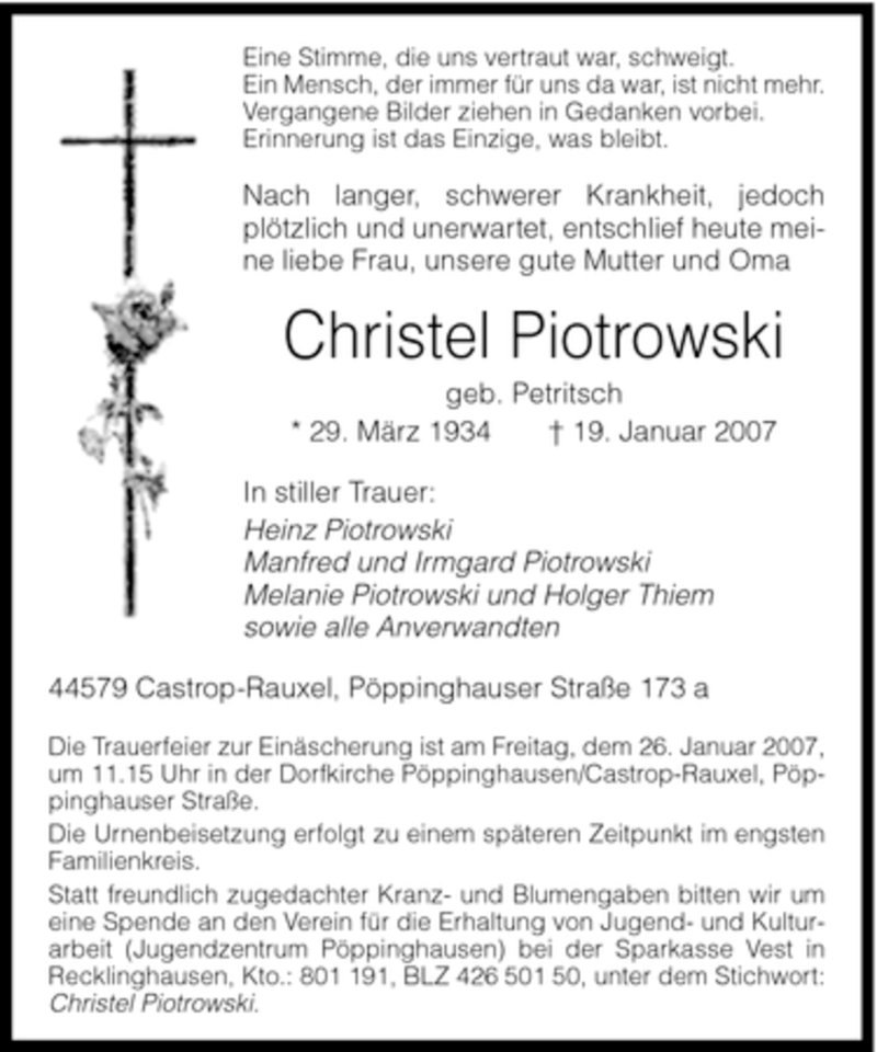  Traueranzeige für Christel Piotrowski vom 22.01.2007 aus Tageszeitung