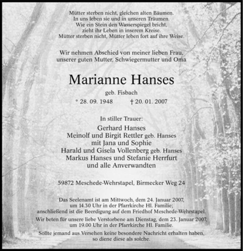  Traueranzeige für Marianne Hanses vom 22.01.2007 aus Tageszeitung