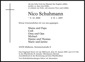 Traueranzeige von Nico Schuhmann von Tageszeitung