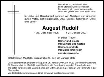 Traueranzeige von August Rudolf von Tageszeitung