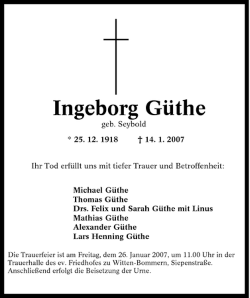  Traueranzeige für Ingeborg Güthe vom 23.01.2007 aus Tageszeitung