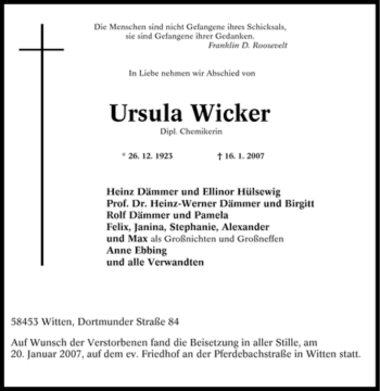 Traueranzeige von Ursula Wicker von Tageszeitung