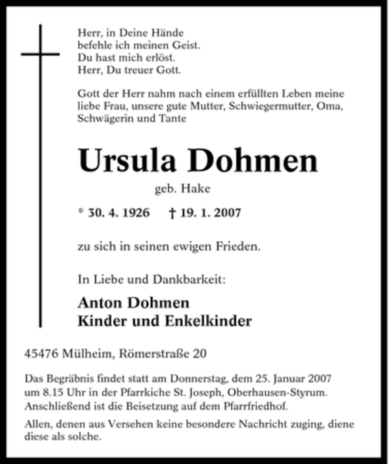  Traueranzeige für Ursula Dohmen vom 23.01.2007 aus Tageszeitung