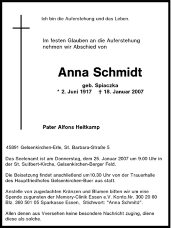 Traueranzeige von Anna Schmidt von Tageszeitung