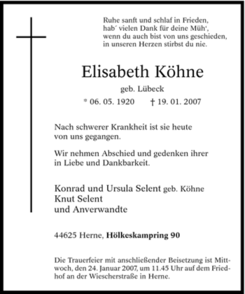 Traueranzeige von Elisabeth Köhne von Tageszeitung
