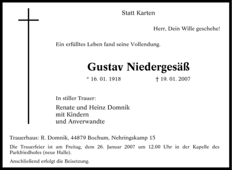  Traueranzeige für Gustav Niedergesäß vom 23.01.2007 aus Tageszeitung