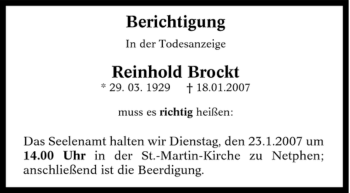 Traueranzeige von Reinhold Brockt von Tageszeitung