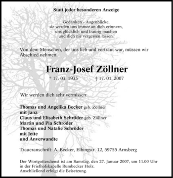 Traueranzeige von Franz-Josef Zöllner von Tageszeitung