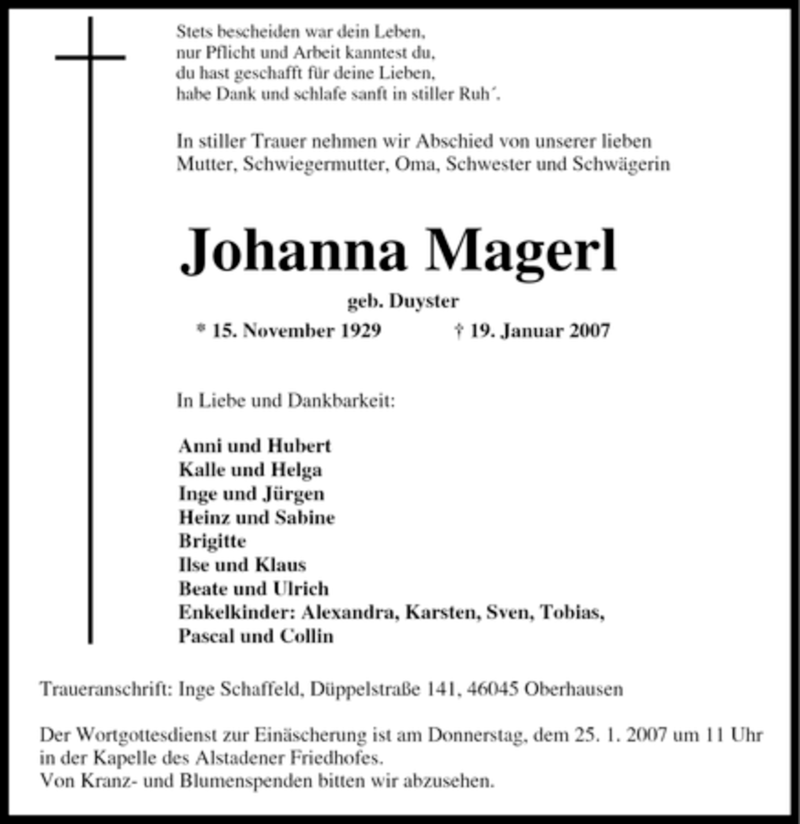  Traueranzeige für Johanna Magerl vom 23.01.2007 aus Tageszeitung