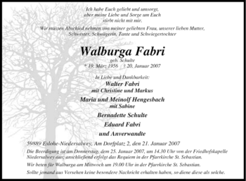 Traueranzeige von Walburga Fabri von Tageszeitung