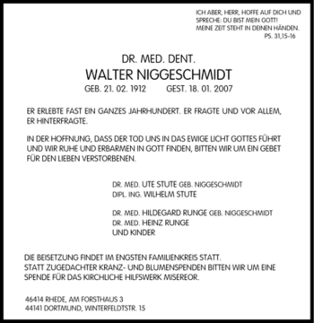 Traueranzeige von Walter Niggschmidt von Tageszeitung