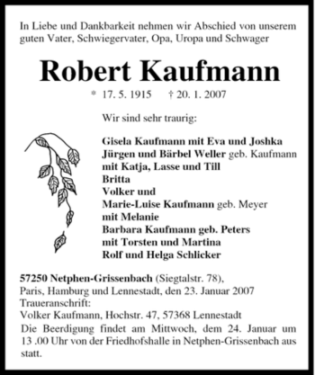 Traueranzeige von Robert Kaufmann von Tageszeitung