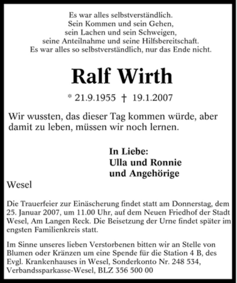  Traueranzeige für Ralf Wirth vom 23.01.2007 aus Tageszeitung