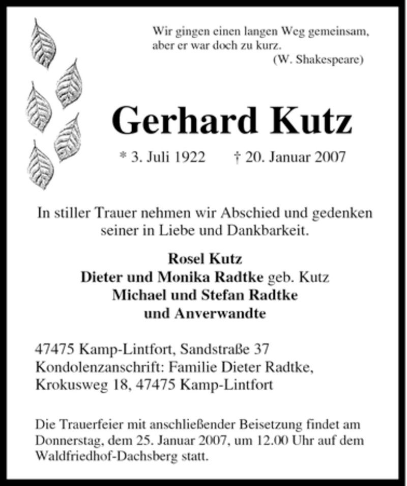 Traueranzeigen von Gerhard Kutz | Trauer-in-NRW.de