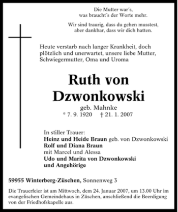 Traueranzeige von Ruth von Dzwonkowski von Tageszeitung