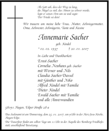 Traueranzeige von Annemarie Sacher von Tageszeitung