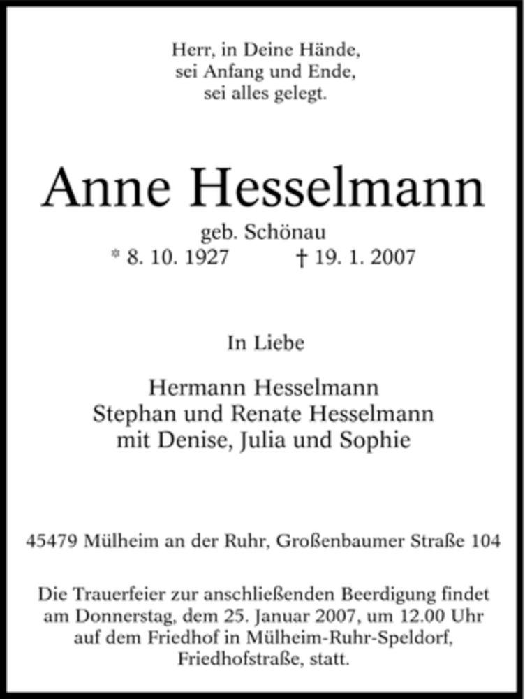  Traueranzeige für Anne Hesselmann vom 23.01.2007 aus Tageszeitung