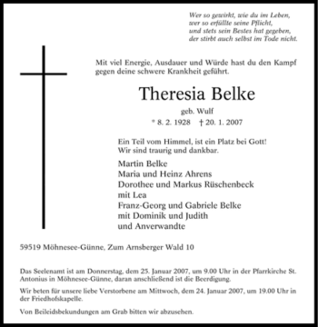 Traueranzeige von Theresia Belke von Tageszeitung
