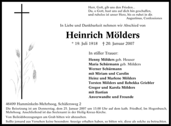Traueranzeige von Heinrich Mölders von Tageszeitung