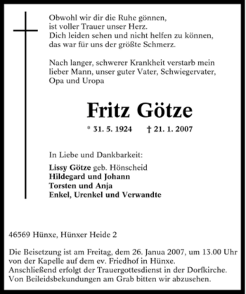 Traueranzeige von Fritz Götze von Tageszeitung