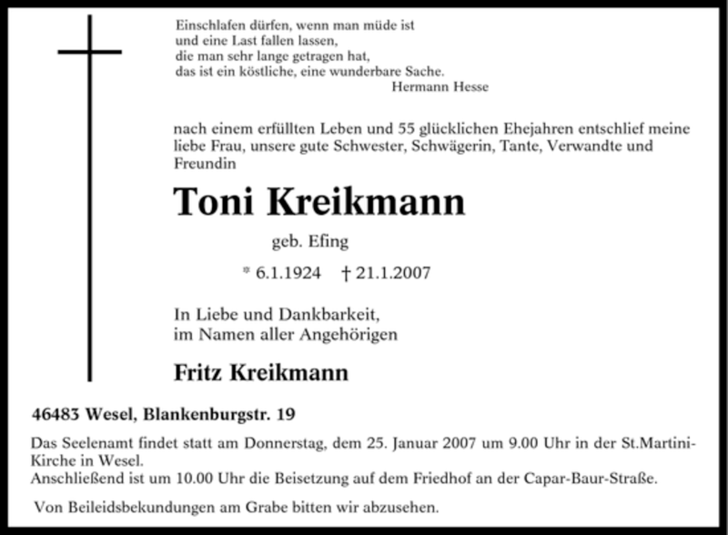  Traueranzeige für Toni Kreikmann vom 23.01.2007 aus Tageszeitung