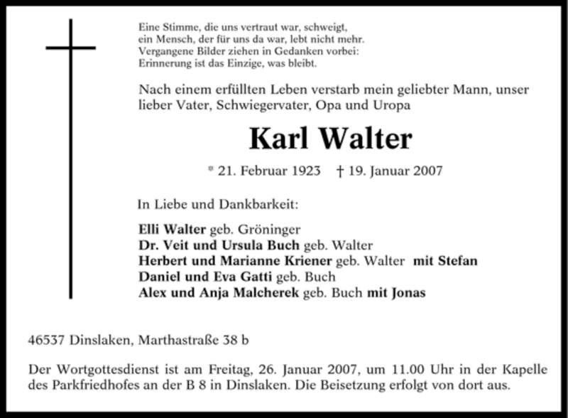  Traueranzeige für Karl Walter vom 23.01.2007 aus Tageszeitung
