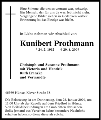 Traueranzeige von Kunibert Prothmann von Tageszeitung