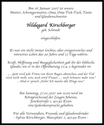 Traueranzeige von Hildegard Kirschberger von Tageszeitung