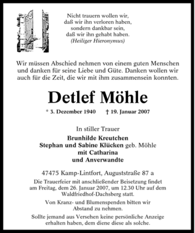  Traueranzeige für Detlef Möhle vom 23.01.2007 aus Tageszeitung