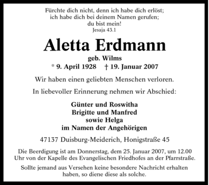  Traueranzeige für Aletta Erdmann vom 23.01.2007 aus Tageszeitung