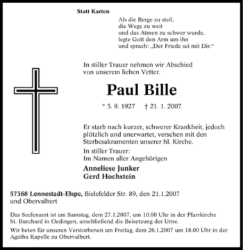 Traueranzeige von Paul Bille von Tageszeitung