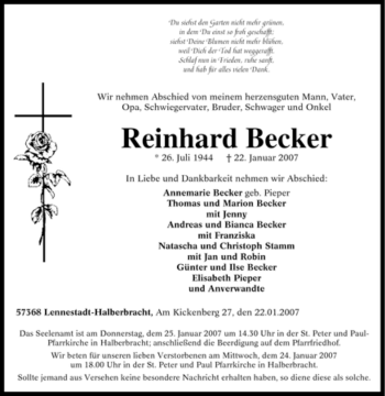 Traueranzeige von Reinhard Becker von Tageszeitung